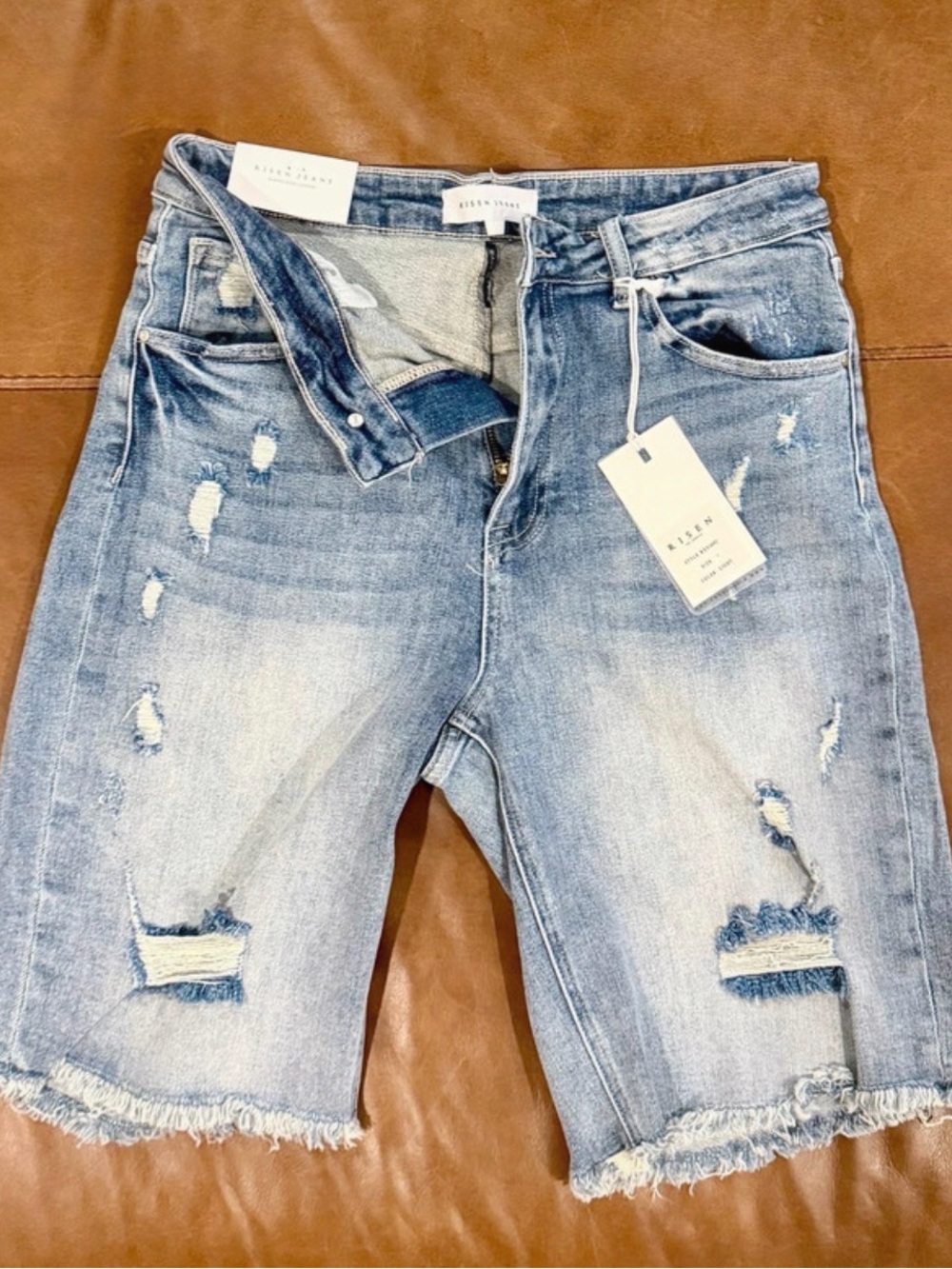 Risen Light Blue Distressed Denim Jean Shorts